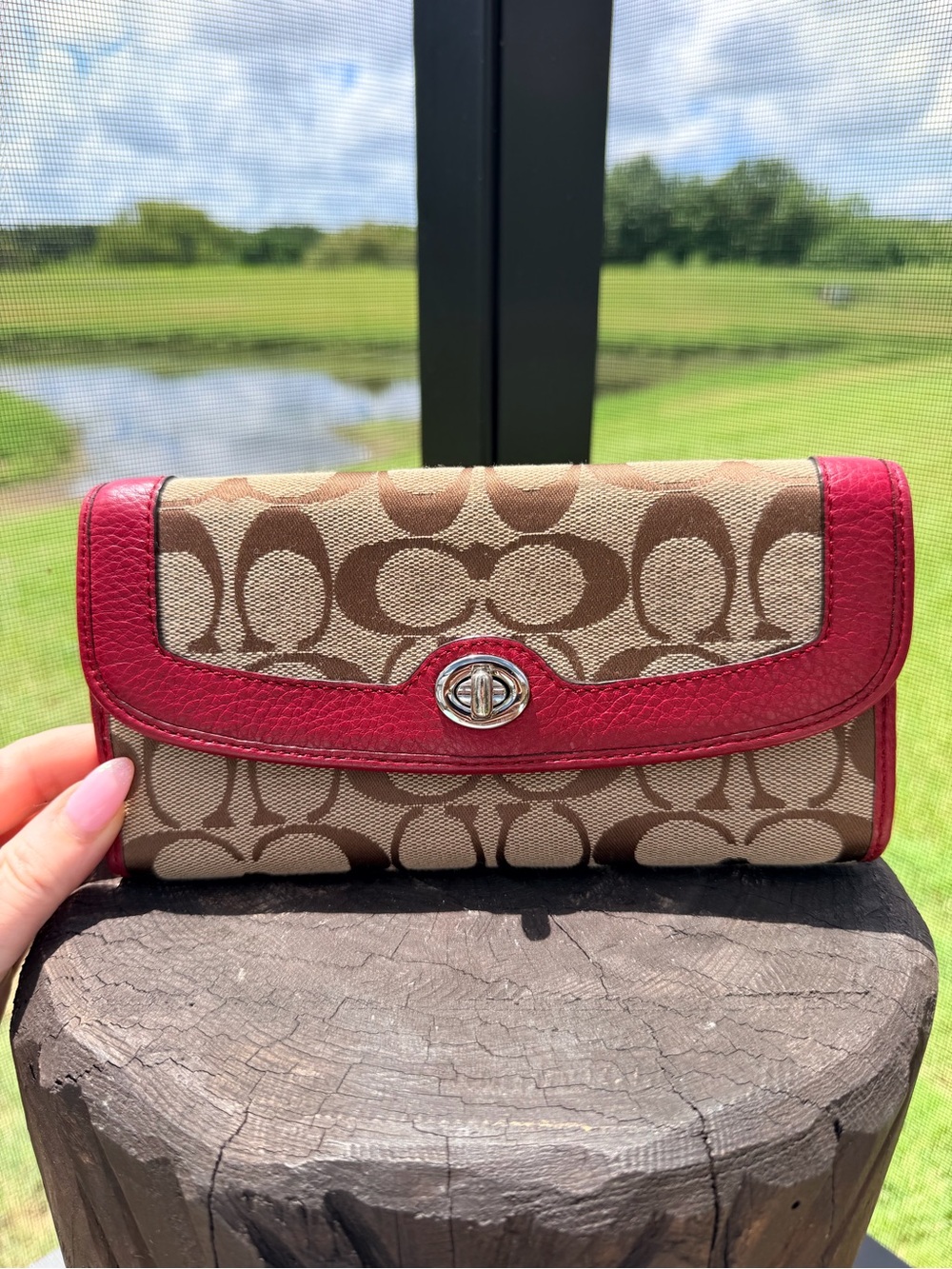 Coach Signature C Turnlock Wallet Khaki Red Leather Y2K Jacquard